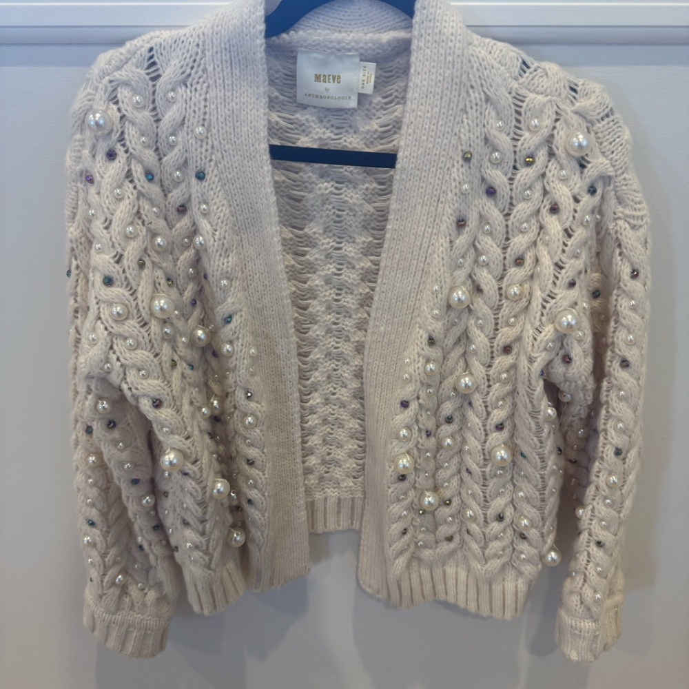 Anthropologie Maeve Cable Knit Cream Beaded Sweater Cardigan